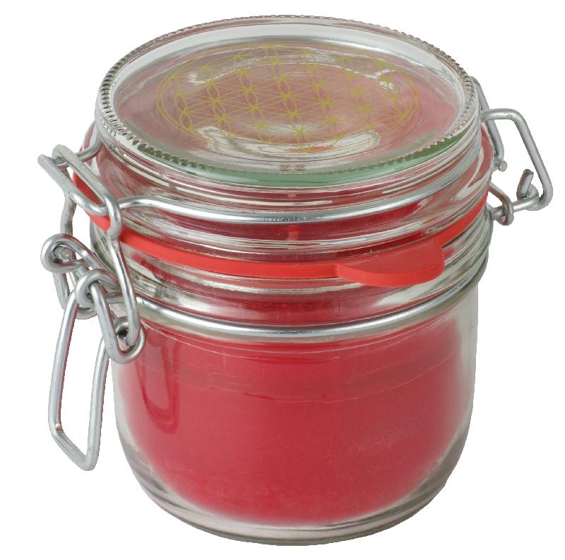 Kerze aus Stearin im Bügelglas mit der "Blume des Lebens" in rot. Ohne Duft.